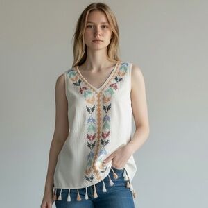 GOMORN Embroidered Sleeveless Boho Top Tassel Hem Size M